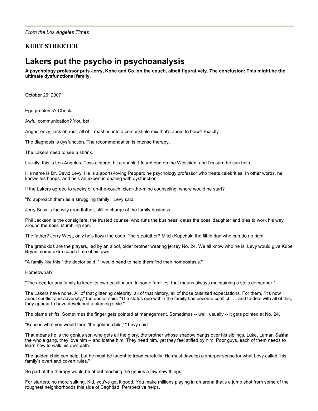 Lakers Put the Psycho in Psychoanalysis a Psychology Professor Puts Jerry, Kobe and Co