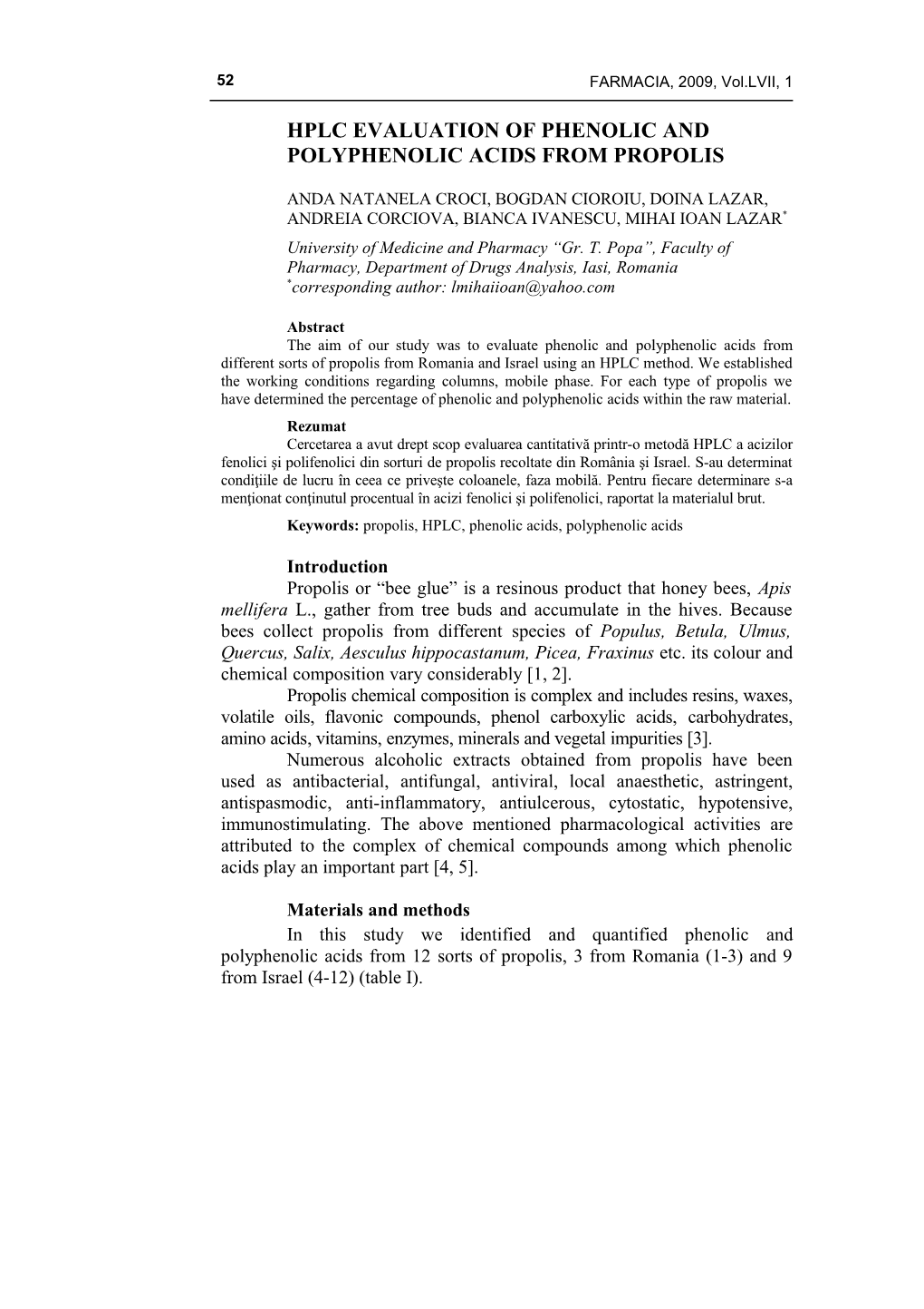 Hplc Evaluation of Phenolic Acids from Propolis