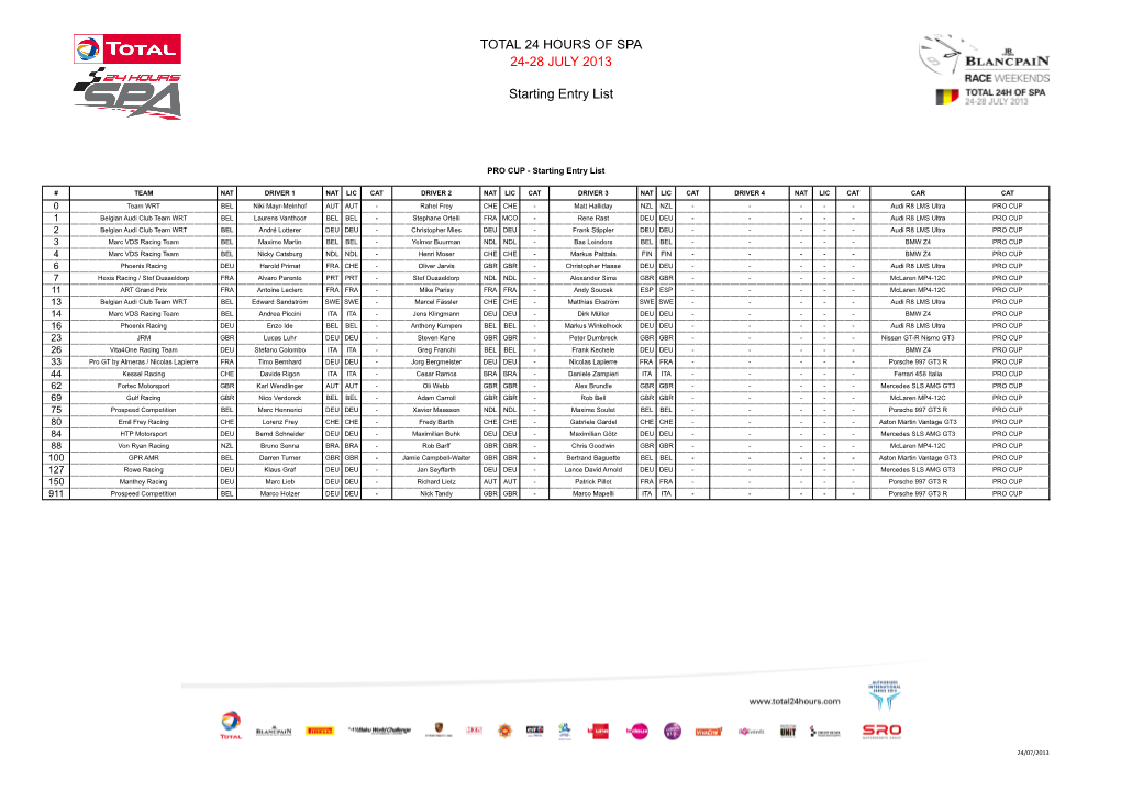 TOTAL 24 HOURS of SPA 24-28 JULY 2013 Starting Entry List