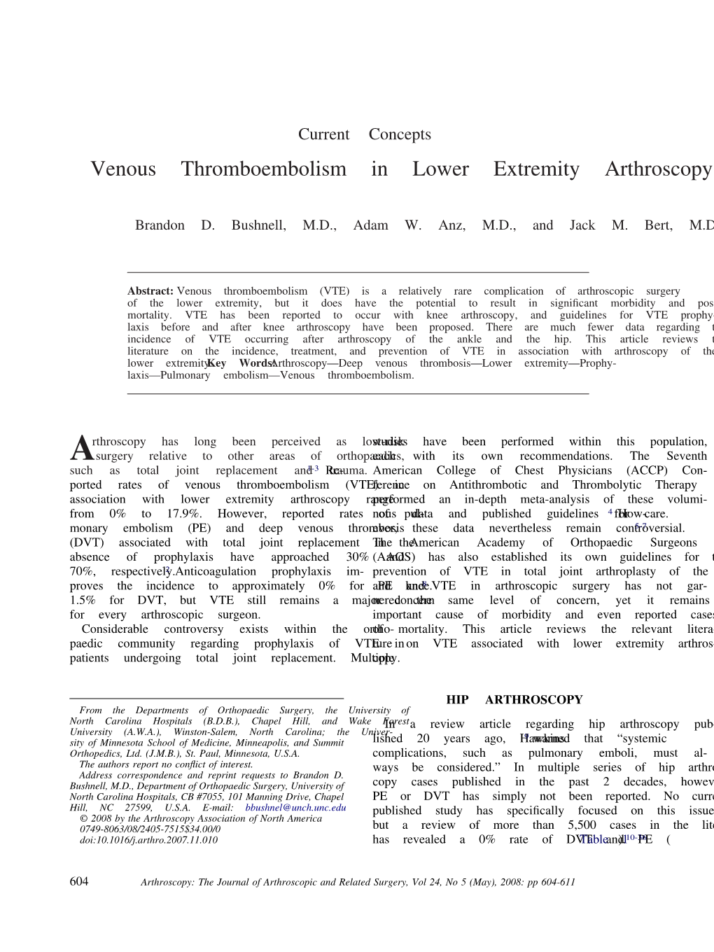 Venous Thromboembolism in Lower Extremity Arthroscopy