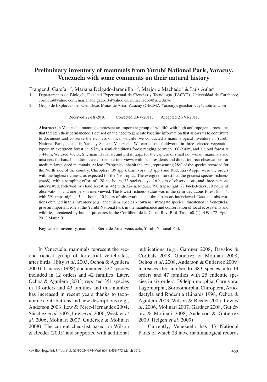 Preliminary Inventory of Mammals from Yurubí National Park, Yaracuy, Venezuela with Some Comments on Their Natural History