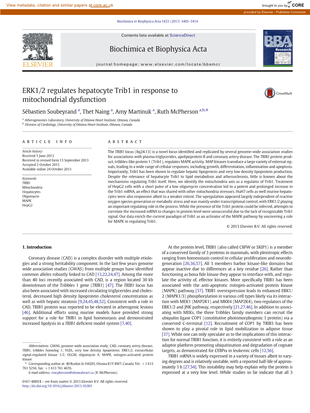 ERK1/2 Regulates Hepatocyte Trib1 in Response to Mitochondrial Dysfunction