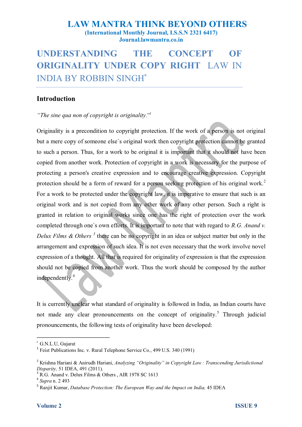 Understanding the Concept of Originality Under Copy Right Law in India by Robbin Singh