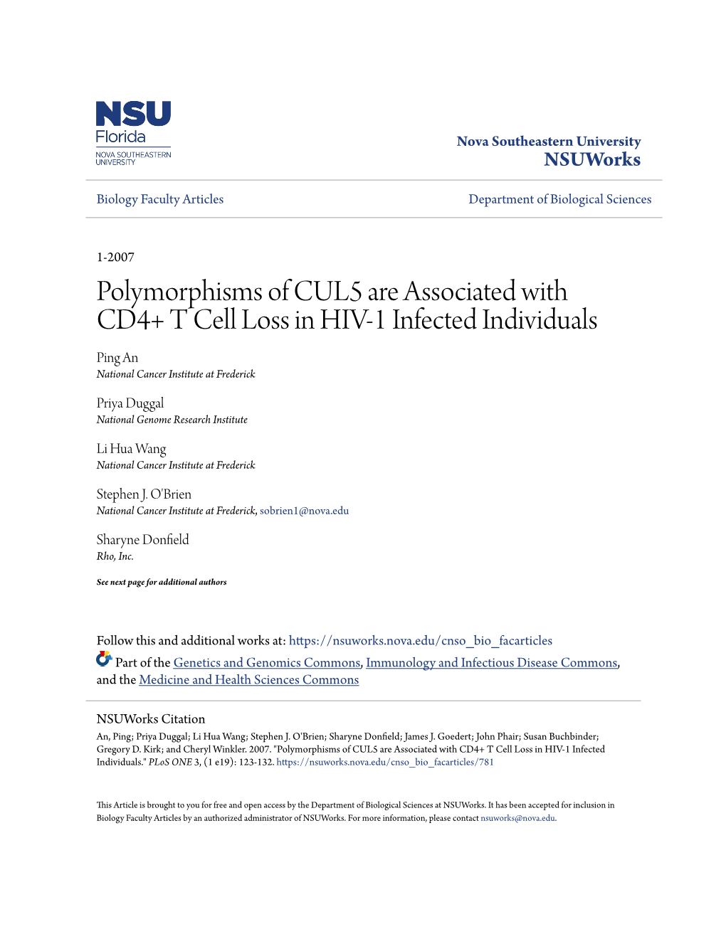 Polymorphisms of CUL5 Are Associated with CD4+ T Cell Loss in HIV-1 Infected Individuals Ping an National Cancer Institute at Frederick