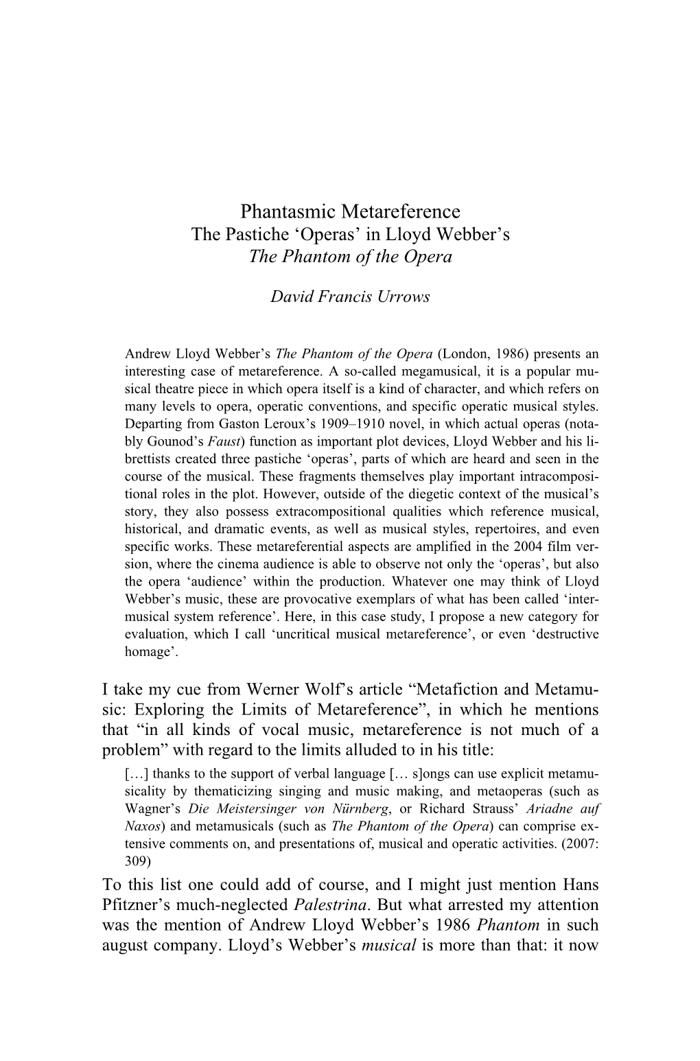 Phantasmic Metareference the Pastiche ‘Operas’ in Lloyd Webber’S the Phantom of the Opera