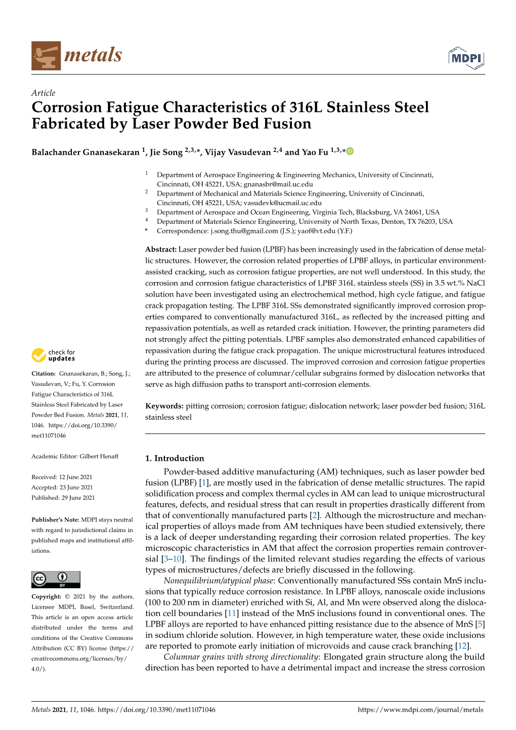 Corrosion Fatigue Characteristics of 316L Stainless Steel Fabricated by Laser Powder Bed Fusion