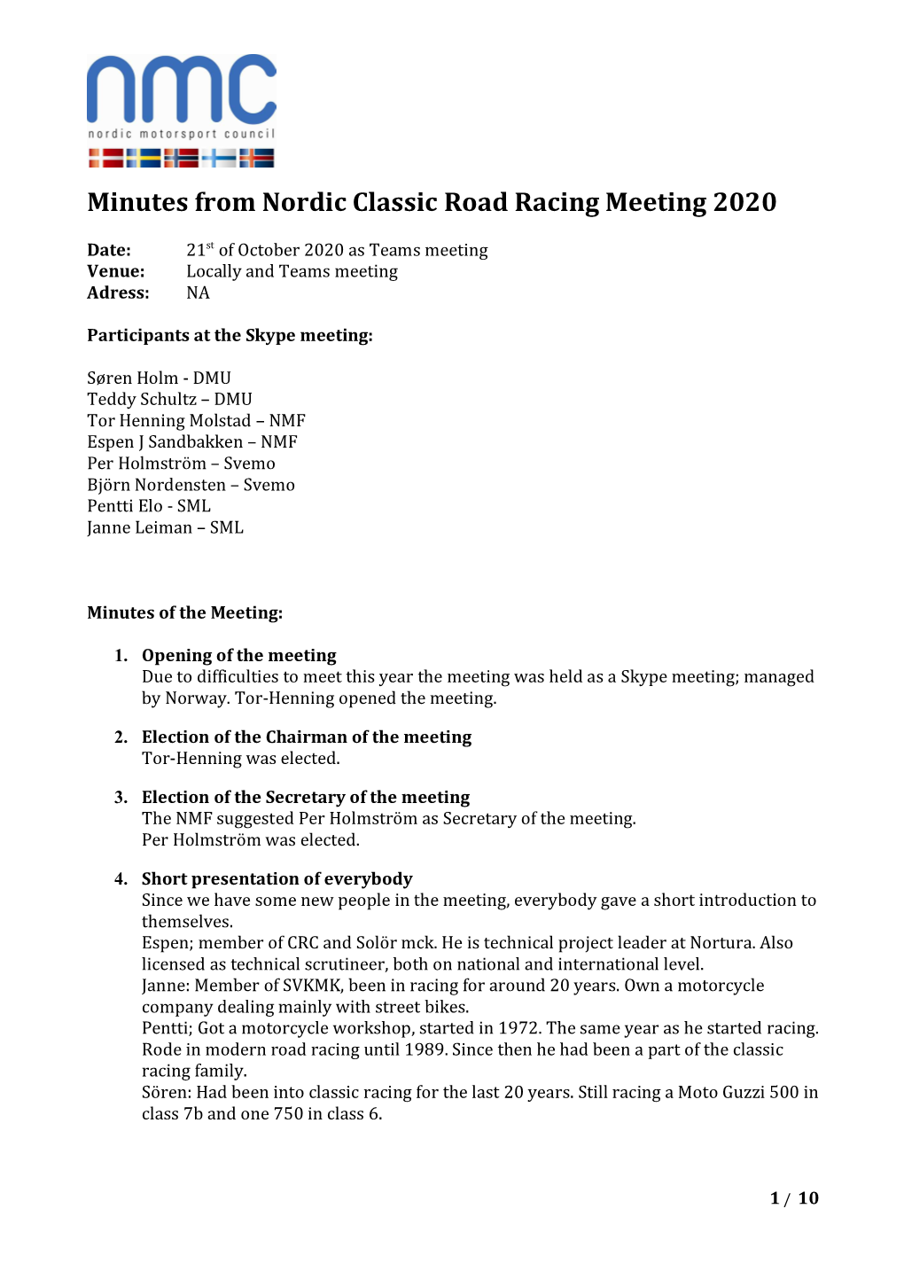 Minutes Nordic Meeting Classic Road Racing 2020
