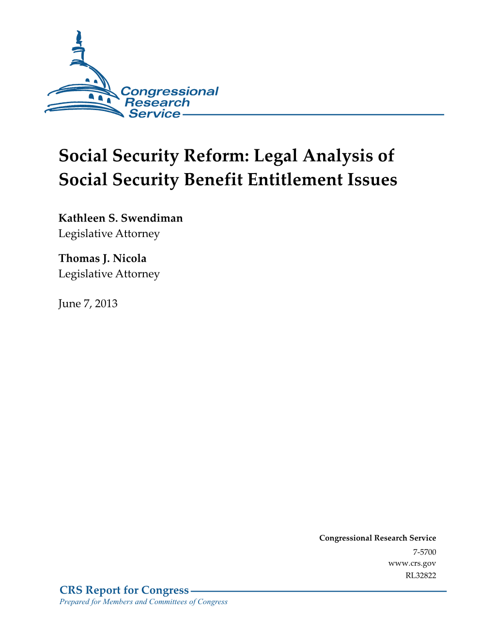 Social Security Reform: Legal Analysis of Social Security Benefit Entitlement Issues