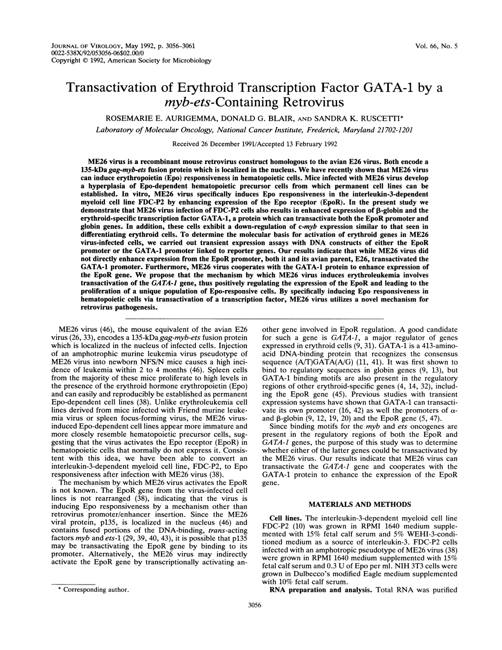 Transactivation of Erythroid Transcription Factor GATA-1 by a Myb-Ets-Containing Retrovirus ROSEMARIE E