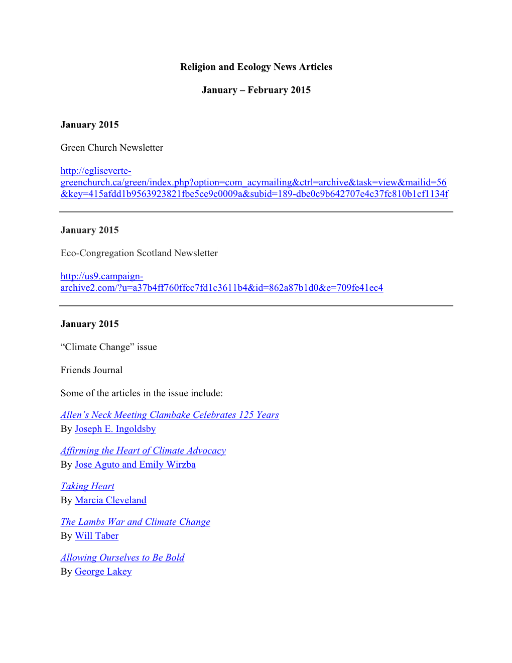 Religion and Ecology News Articles January – February 2015