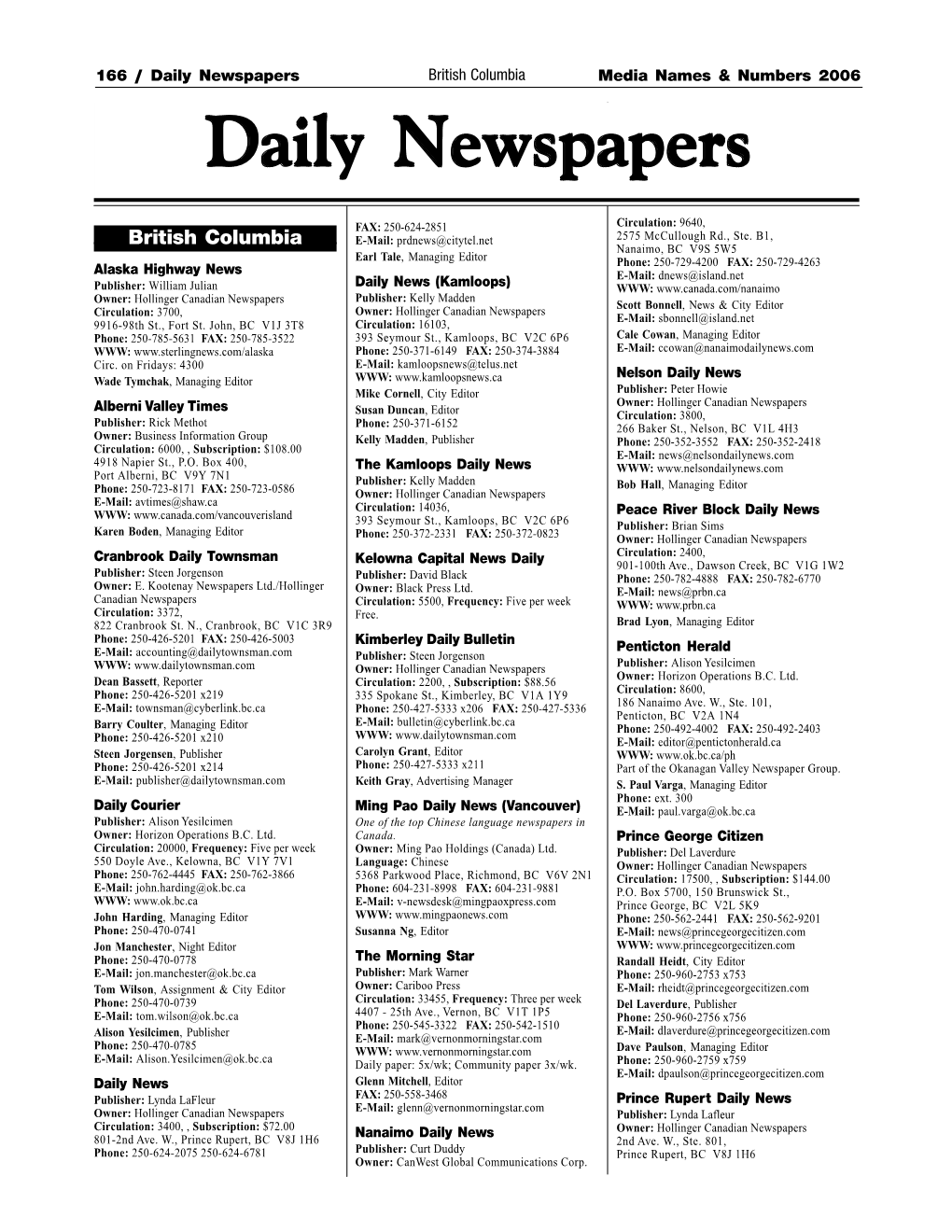 Daily Newspapersbritish Columbia Media Names & Numbers 2006 Dailydaily Newspapersnewspapers