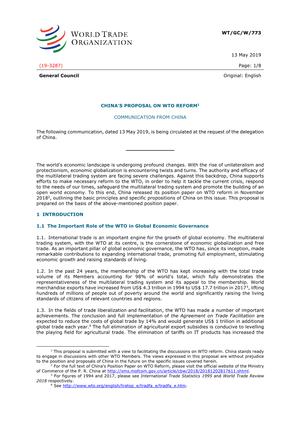 WT/GC/W/773 13 May 2019 (19-3287) Page: 1/8 General Council Original: English CHINA's PROPOSAL on WTO REFORM1 COMMUNICATION FROM