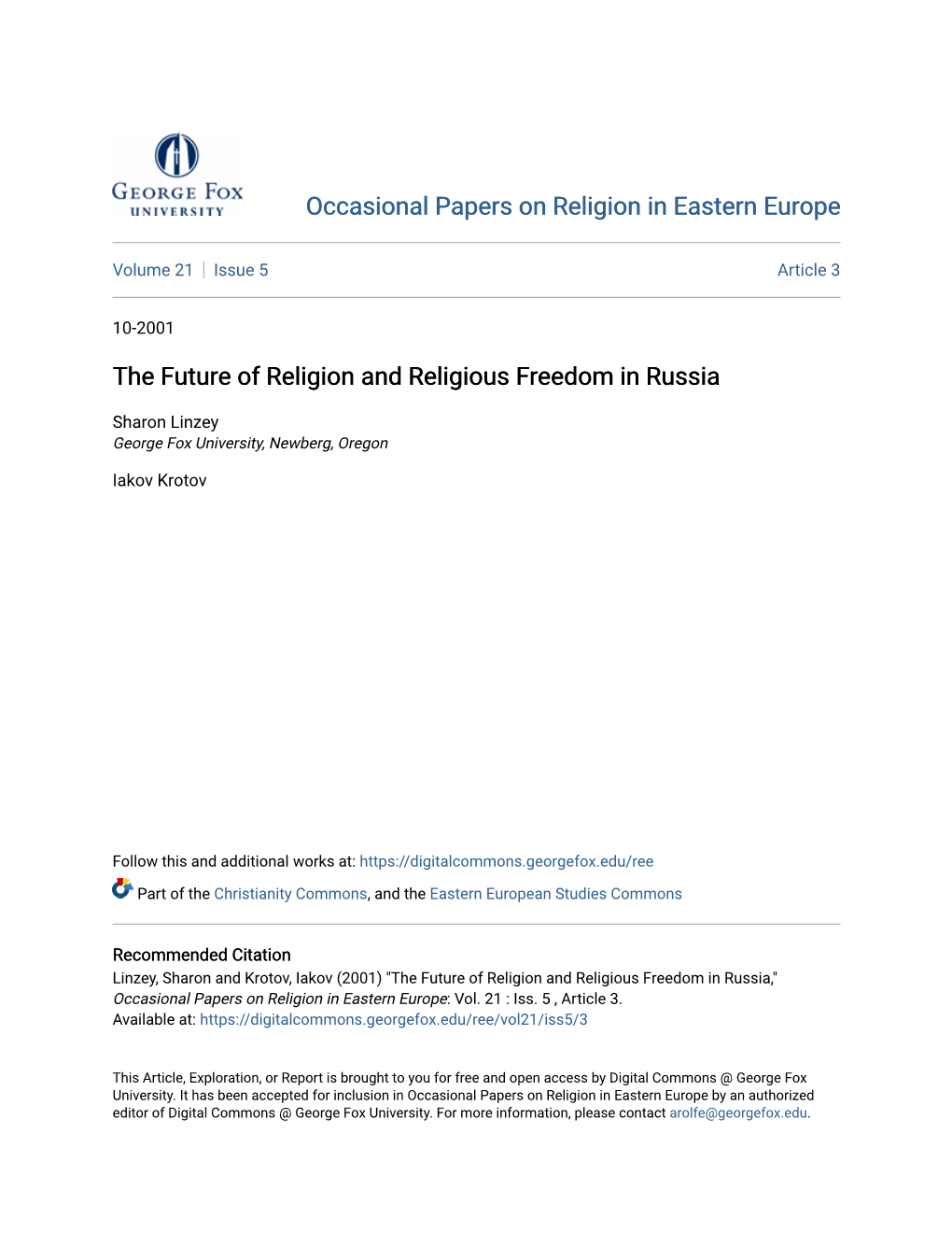 The Future of Religion and Religious Freedom in Russia