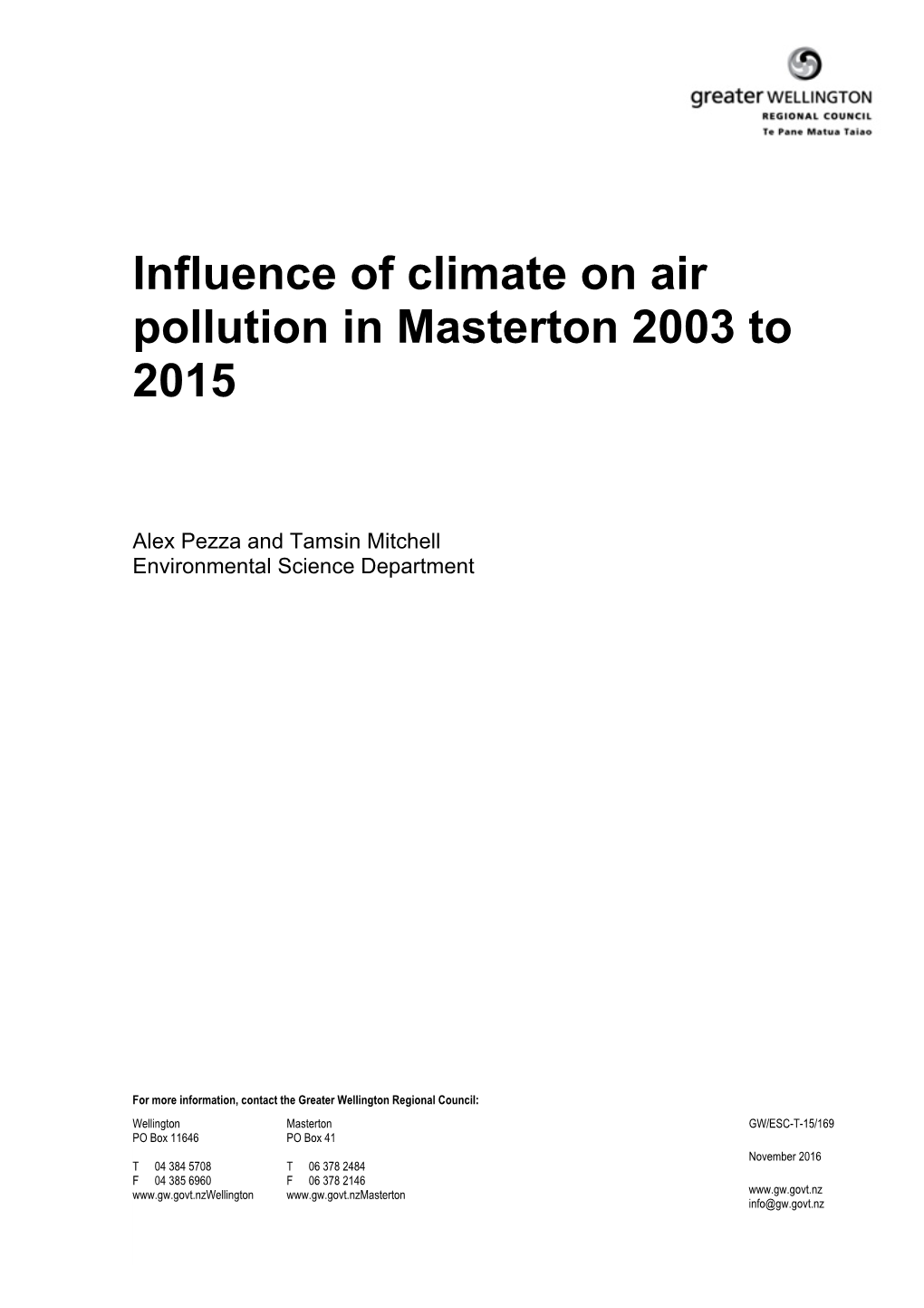 Influence of Climate on Air Pollution in Masterton 2003 to 2015