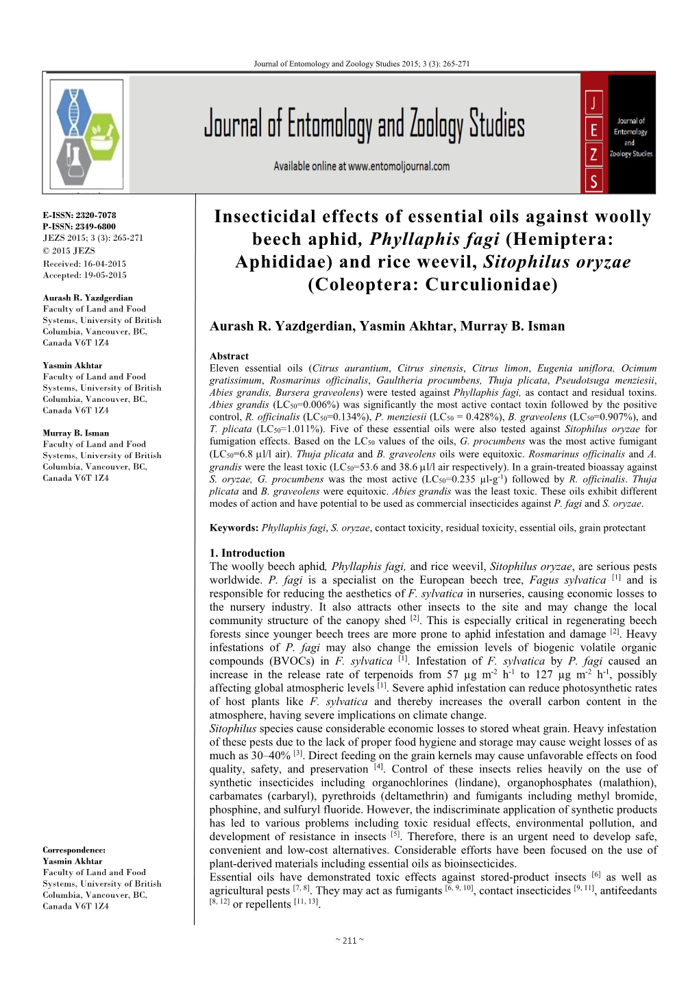 Insecticidal Effects of Essential Oils Against Woolly Beech Aphid