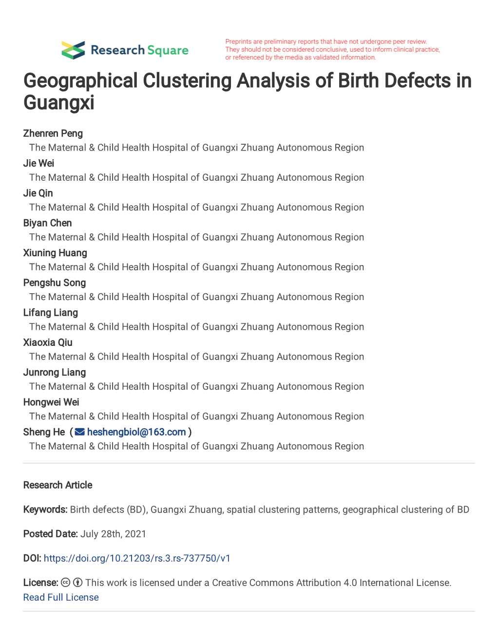 Geographical Clustering Analysis of Birth Defects in Guangxi