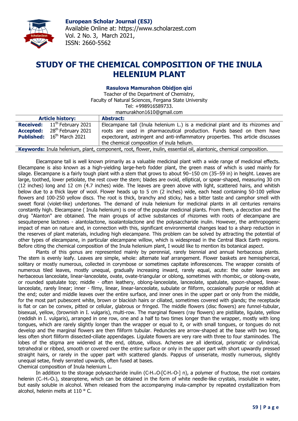 Study of the Chemical Composition of the Inula Helenium Plant