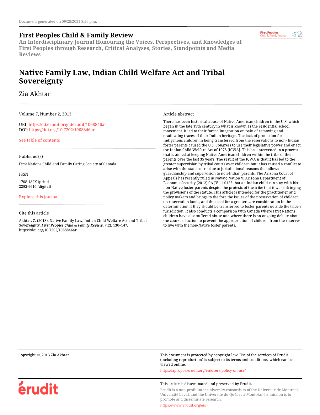 Native Family Law, Indian Child Welfare Act and Tribal Sovereignty Zia Akhtar