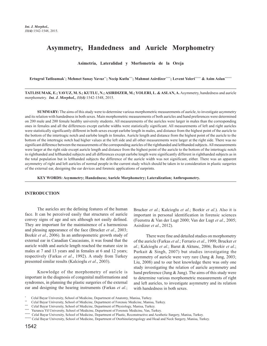 Asymmetry, Handedness and Auricle Morphometry