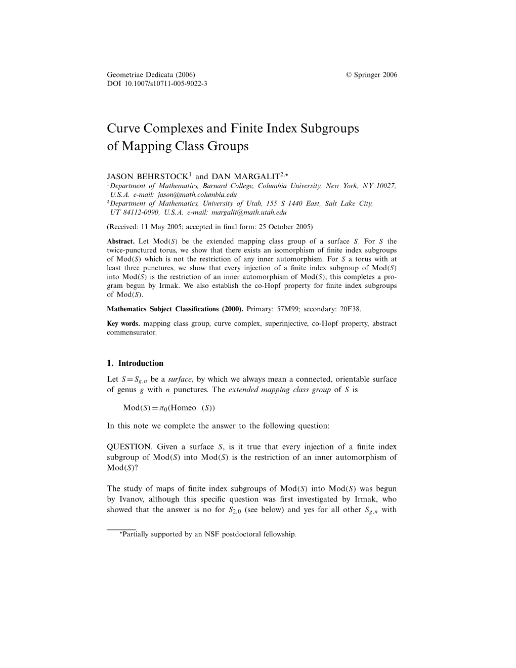 Curve Complexes and Finite Index Subgroups of Mapping Class Groups
