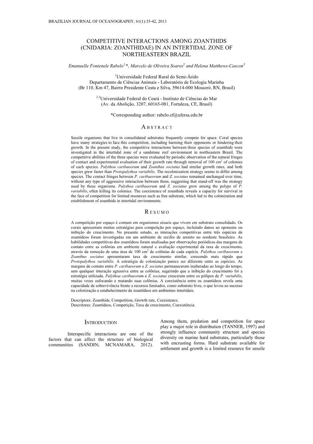 Competitive Interactions Among Zoanthids (Cnidaria: Zoanthidae) in an Intertidal Zone of Northeastern Brazil