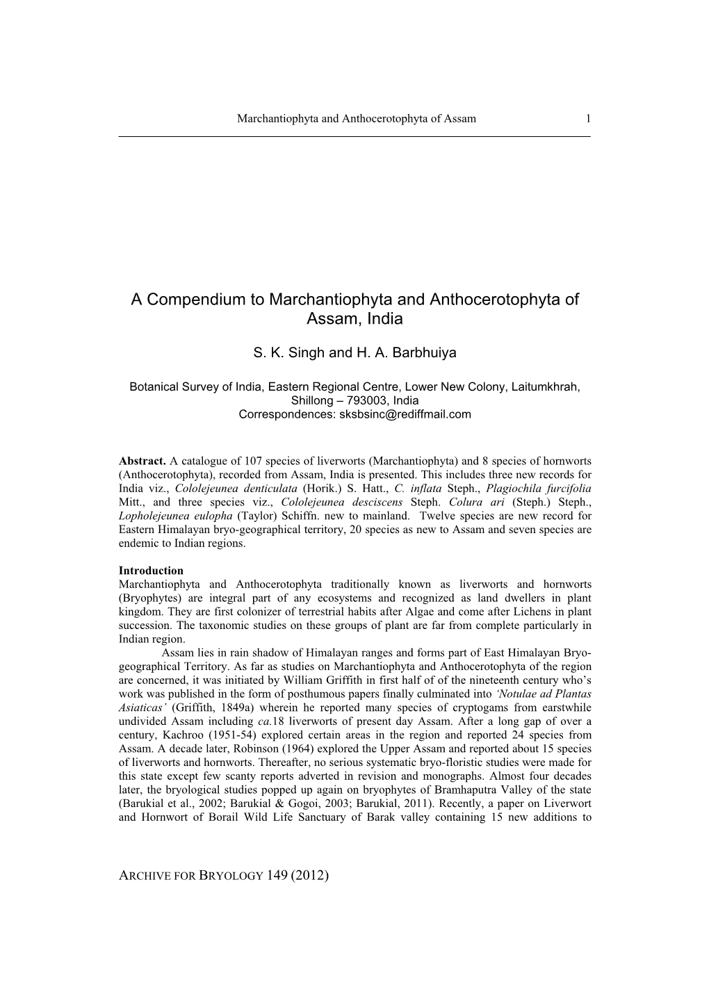 A Compendium to Marchantiophyta and Anthocerotophyta of Assam, India