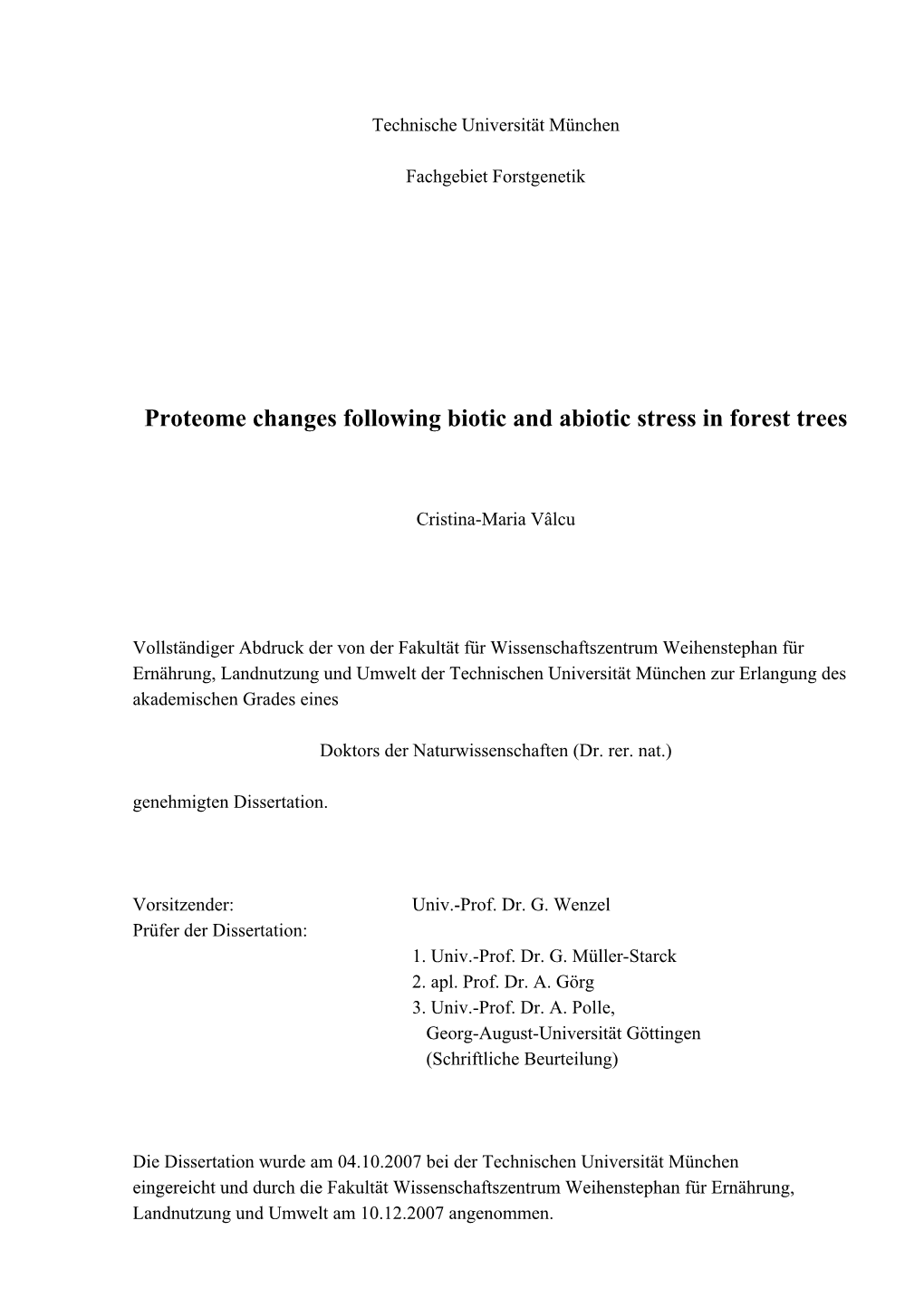 Proteome Changes Following Biotic and Abiotic Stress in Forest Trees