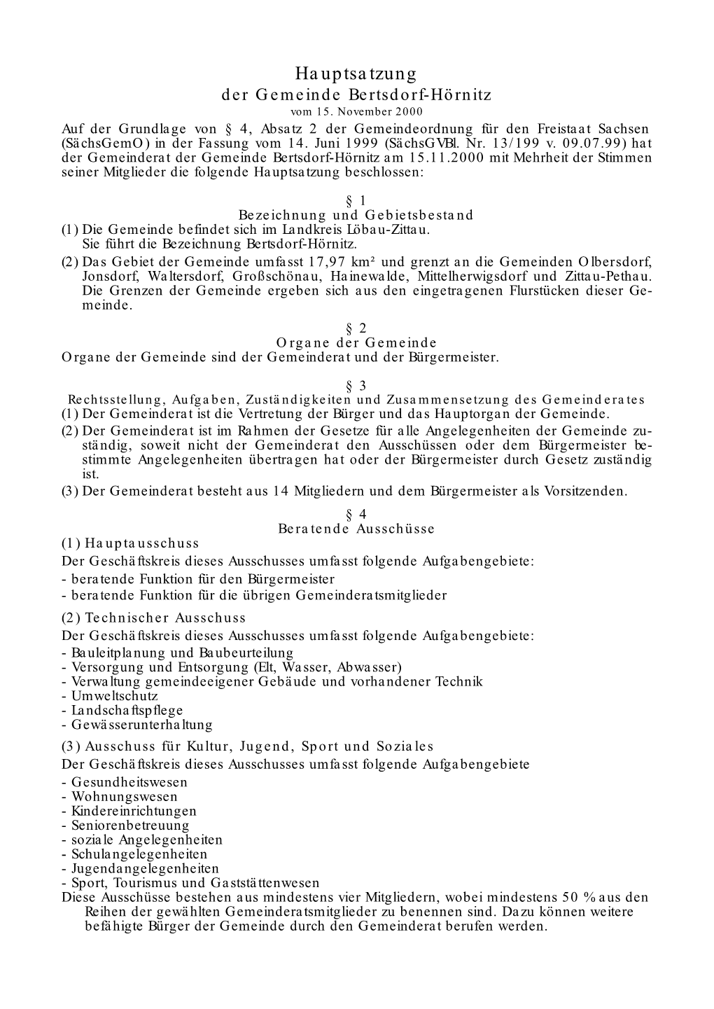 Hauptsatzung Der Gemeinde Bertsdorf-Hörnitz Vom 15