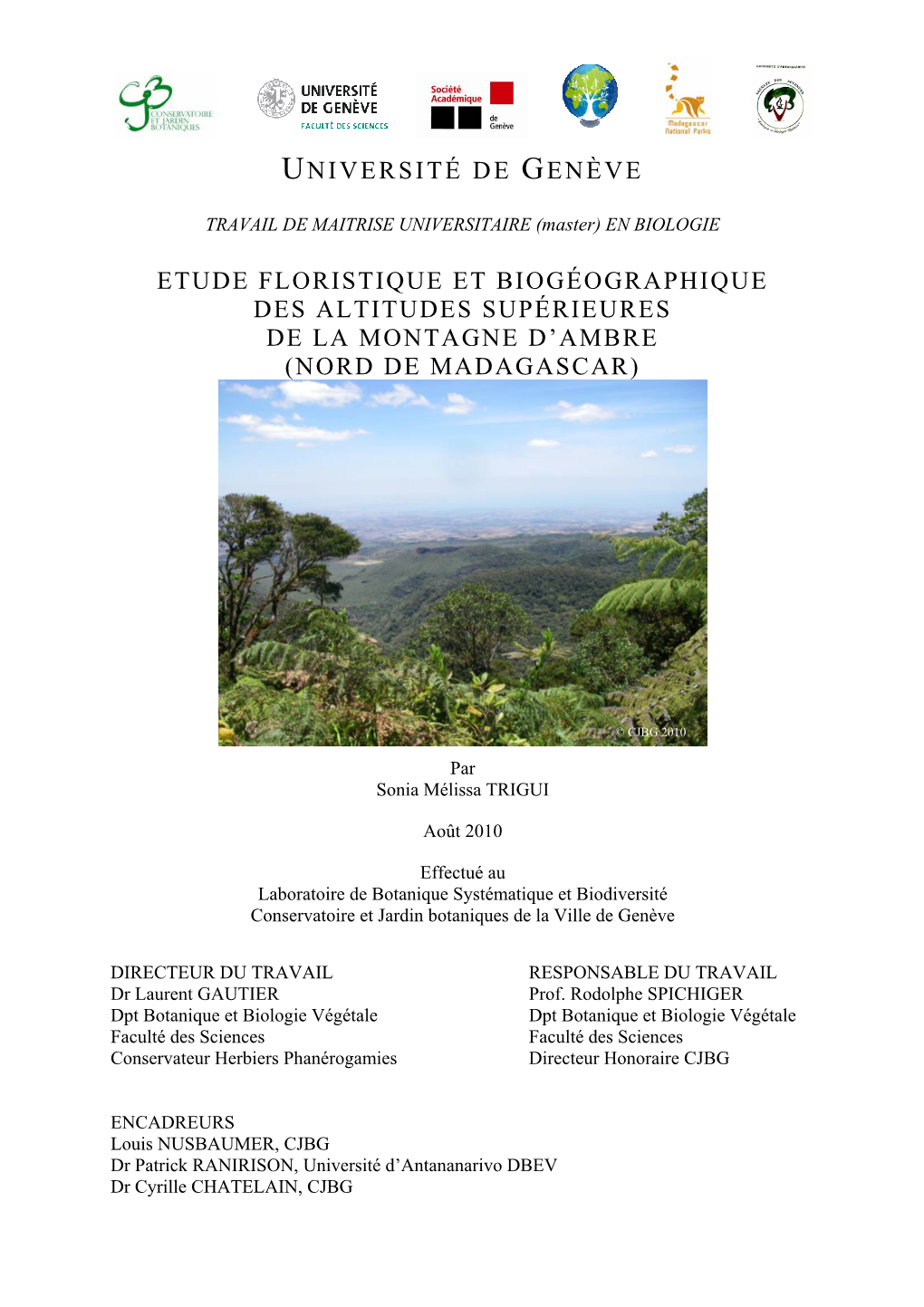 Université De Genève Etude Floristique Et Biogéographique Des Altitudes Supérieures De La Montagne D'ambre