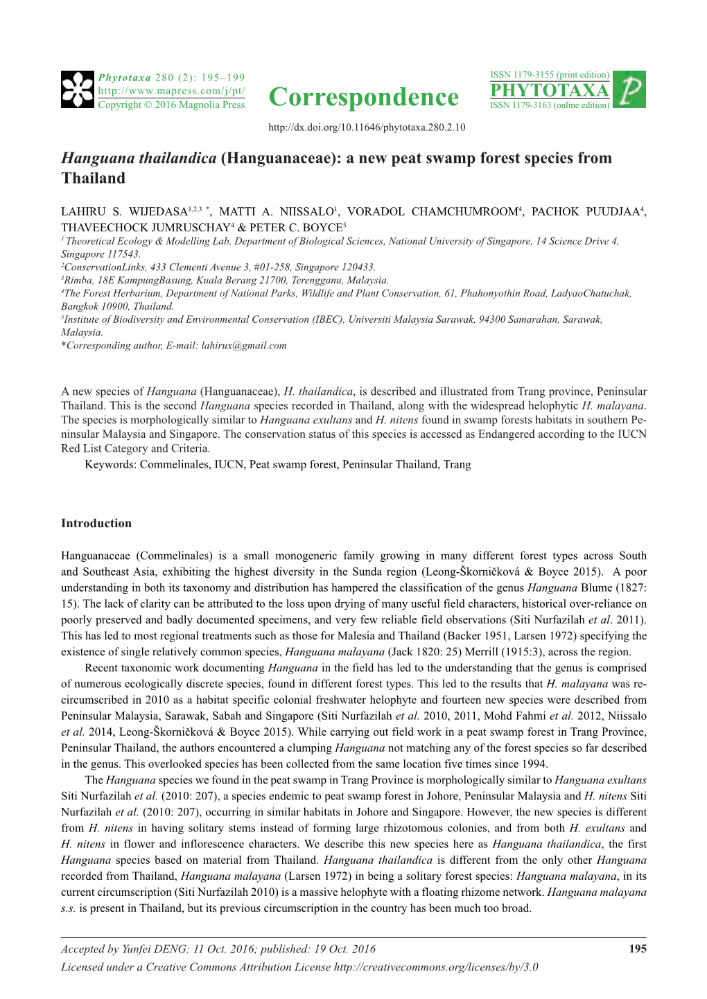 Hanguana Thailandica (Hanguanaceae): a New Peat Swamp Forest Species from Thailand