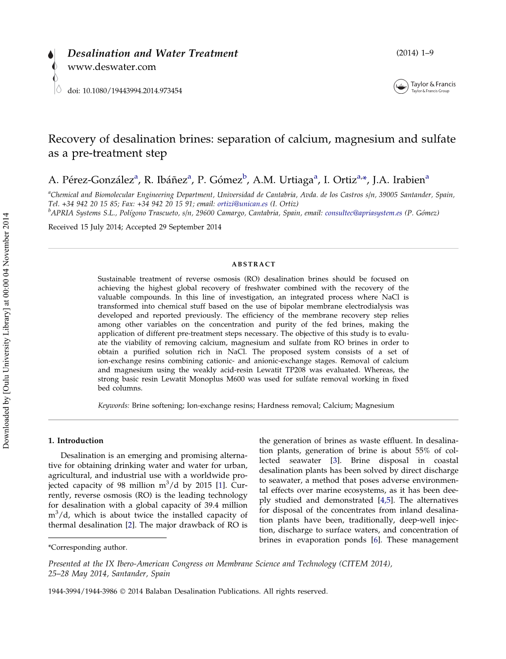 Recovery of Desalination Brines: Separation of Calcium, Magnesium and Sulfate As a Pre-Treatment Step