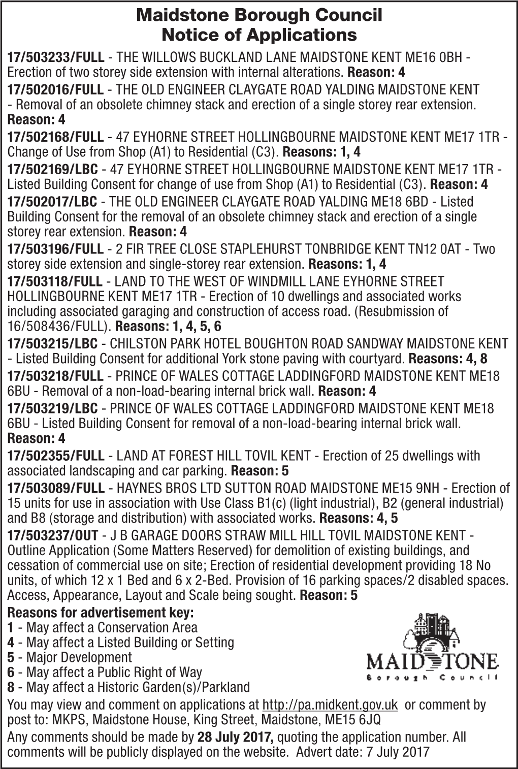 Maidstone Borough Council Notice of Applications