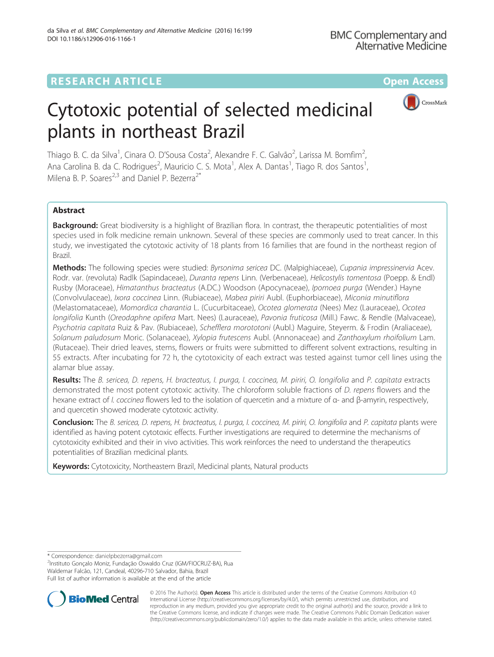 Cytotoxic Potential of Selected Medicinal Plants in Northeast Brazil Thiago B