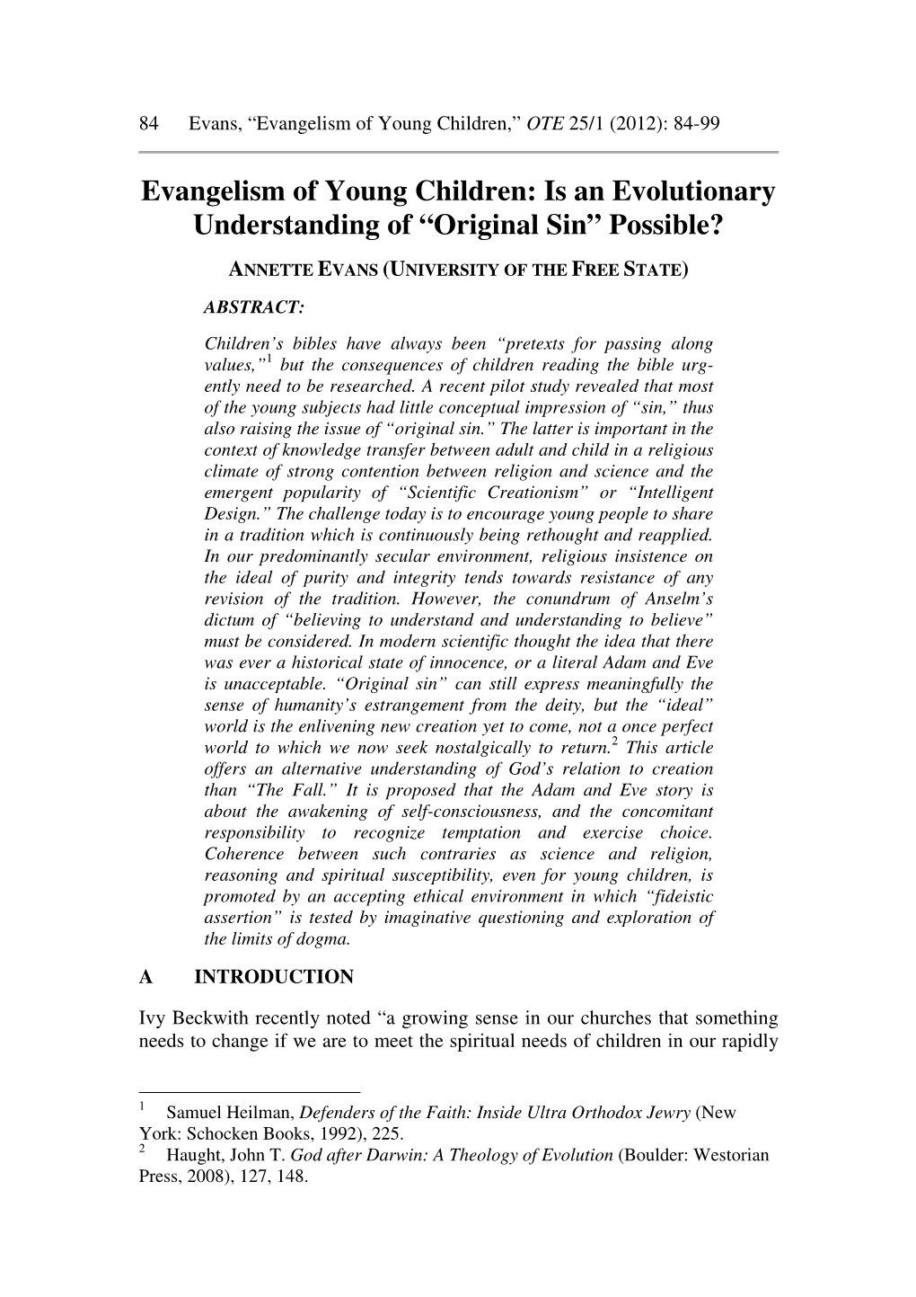 Is an Evolutionary Understanding of “Original Sin” Possible?