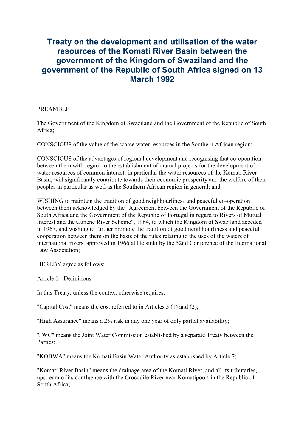 Treaty on Komati River Between Swaziland & South Africa, 1992
