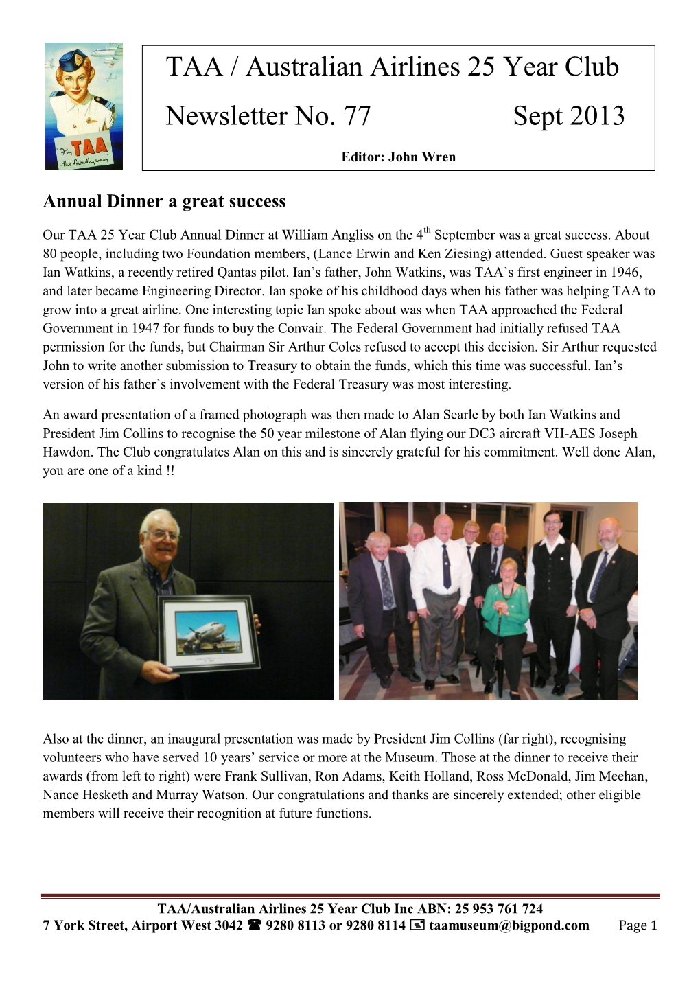 TAA / Australian Airlines 25 Year Club Newsletter No. 77 Sept 2013