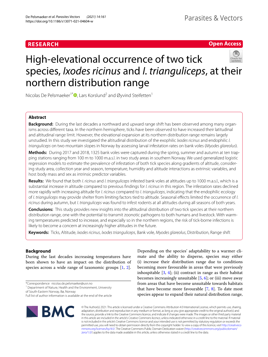 High-Elevational Occurrence of Two Tick Species, Ixodes Ricinus and I