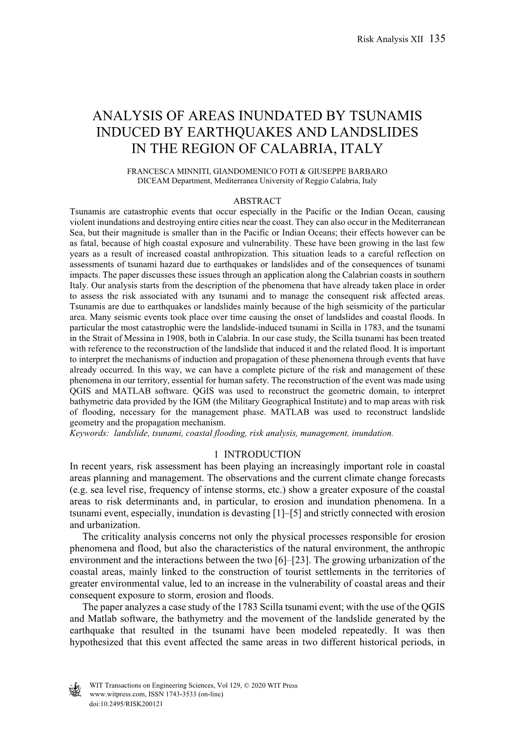 Analysis of Areas Inundated by Tsunamis Induced by Earthquakes and Landslides in the Region of Calabria, Italy