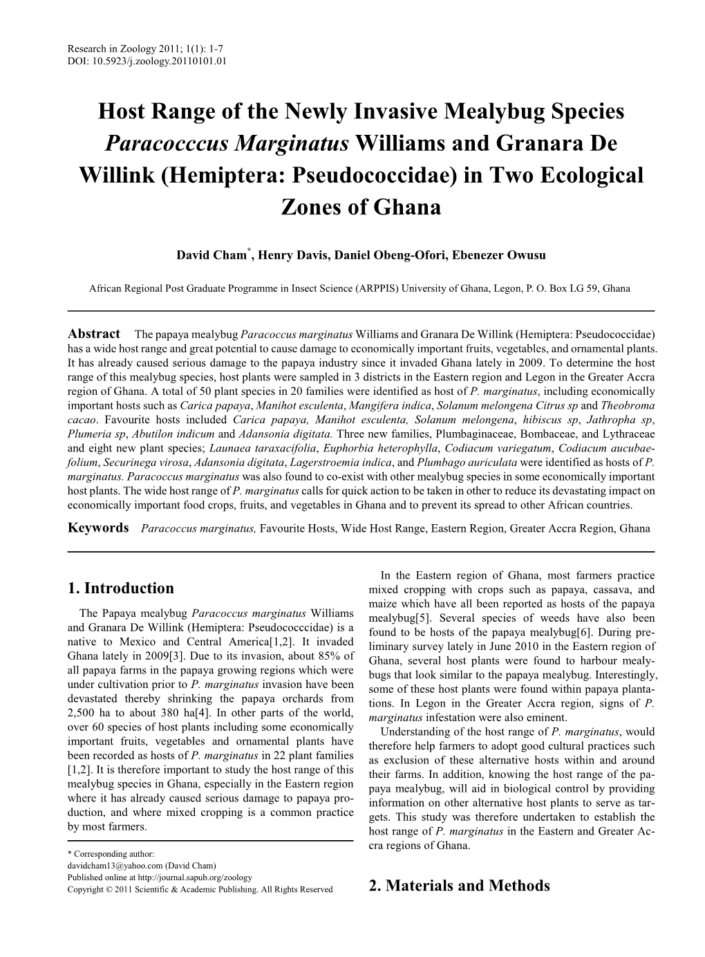 Paracoccus Marginatus, Favourite Hosts, Wide Host Range, Eastern Region, Greater Accra Region, Ghana