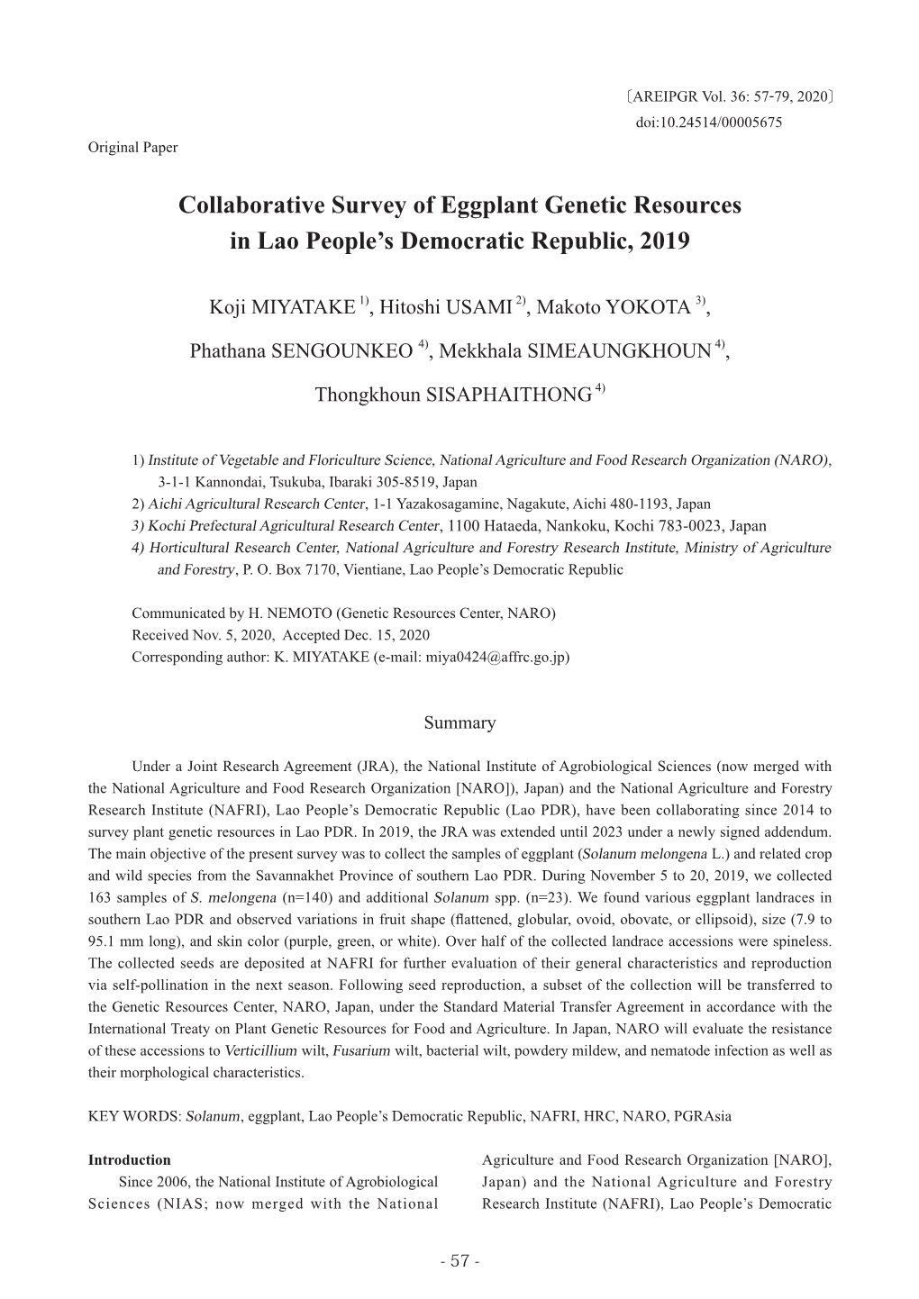 Collaborative Survey of Eggplant Genetic Resources in Lao People's