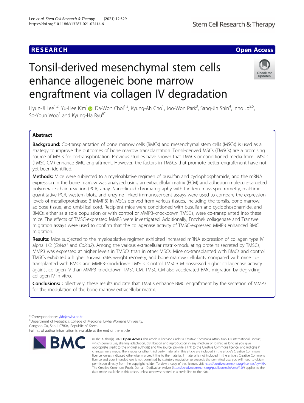 Tonsil-Derived Mesenchymal Stem Cells Enhance Allogeneic Bone Marrow Engraftment Via Collagen IV Degradation