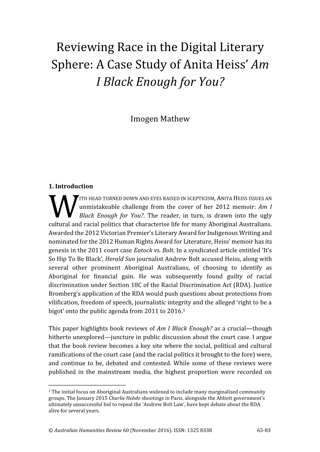 Reviewing Race in the Digital Literary Sphere: a Case Study of Anita Heiss’ Am I Black Enough for You?