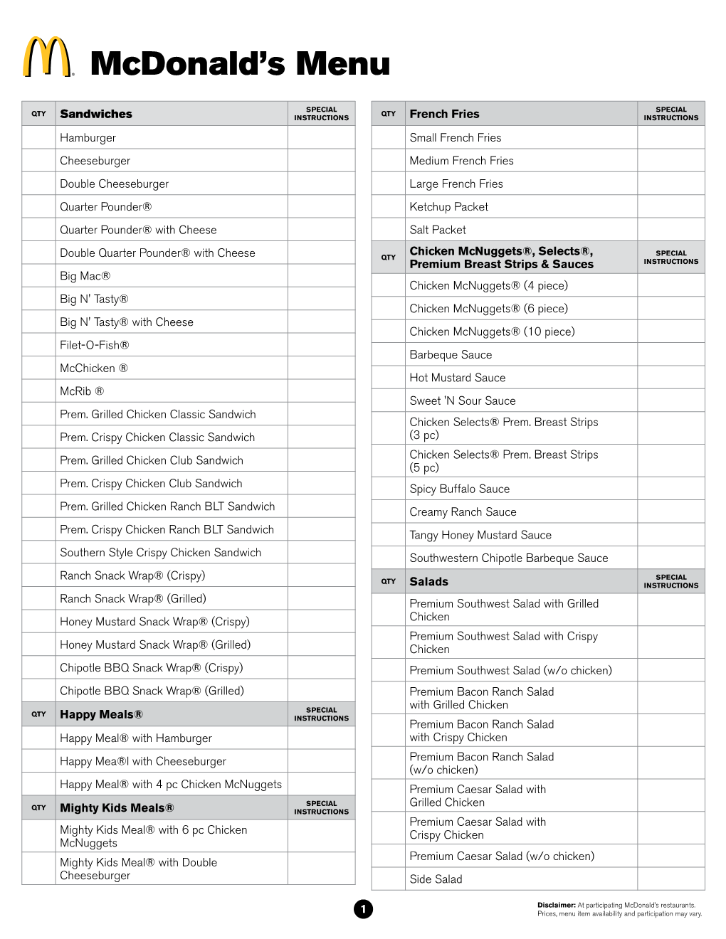 Mcdonald's Menu