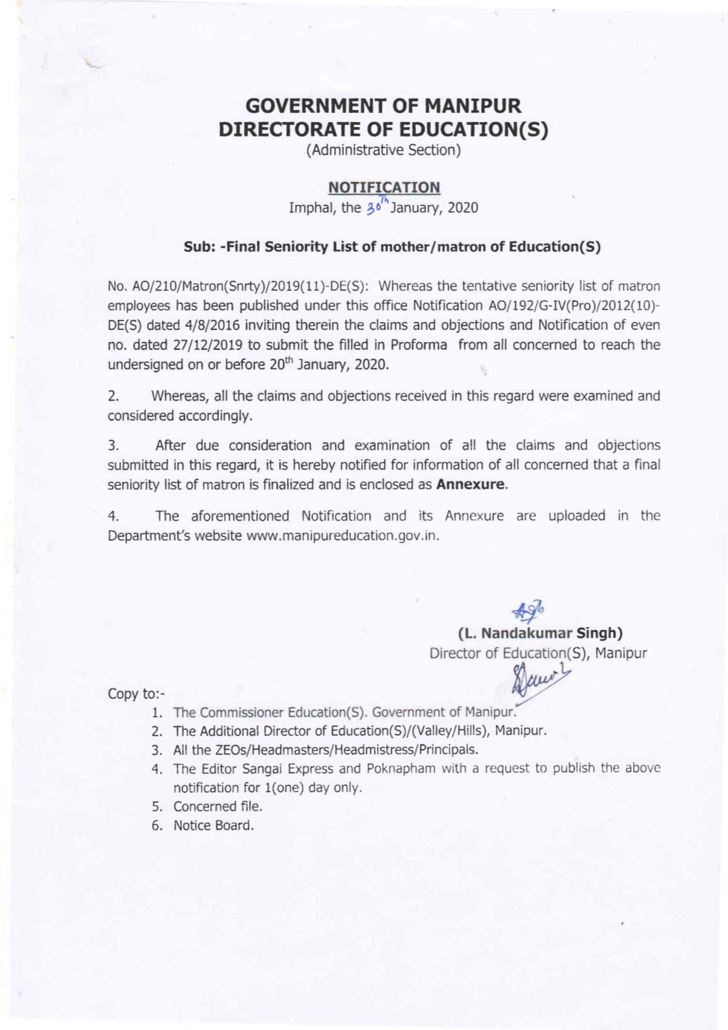 GOVERNMENT of MANIPUR DIRECTORATE of EDUCATION(S) (Administrative Section)