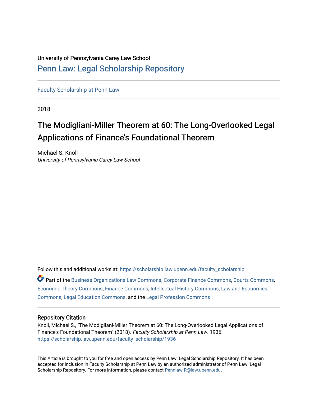 The Modigliani-Miller Theorem at 60: the Long-Overlooked Legal Applications of Finance’S Foundational Theorem