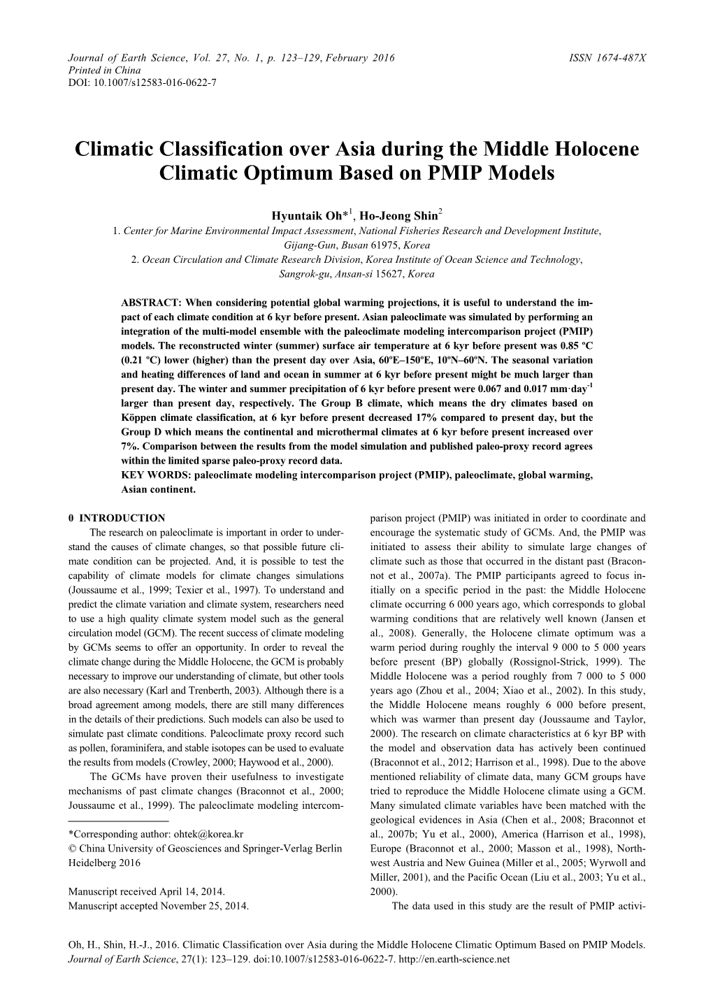 Climatic Classification Over Asia During the Middle Holocene Climatic Optimum Based on PMIP Models