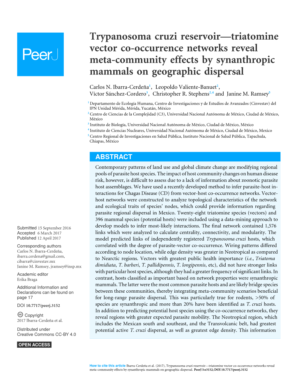 Trypanosoma Cruzi Reservoir—Triatomine Vector Co-Occurrence Networks Reveal Meta-Community Effects by Synanthropic Mammals on Geographic Dispersal