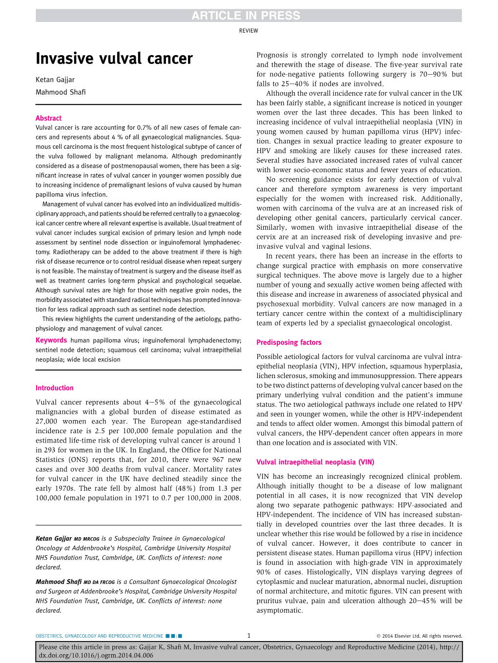 Invasive Vulval Cancer and Therewith the Stage of Disease