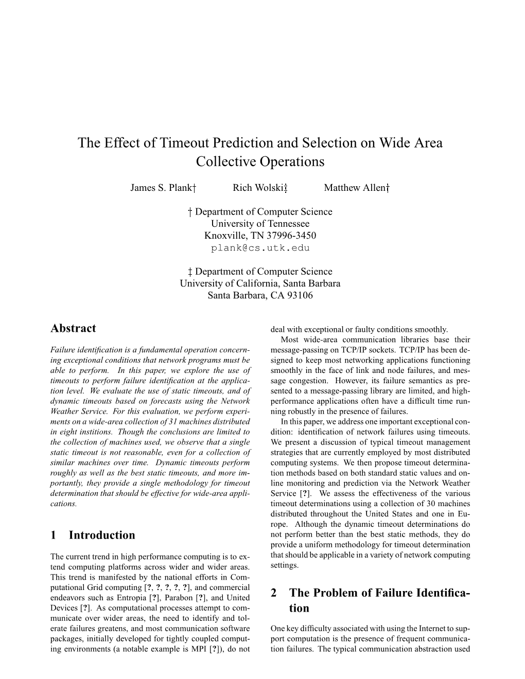 The Effect of Timeout Prediction and Selection on Wide Area Collective Operations