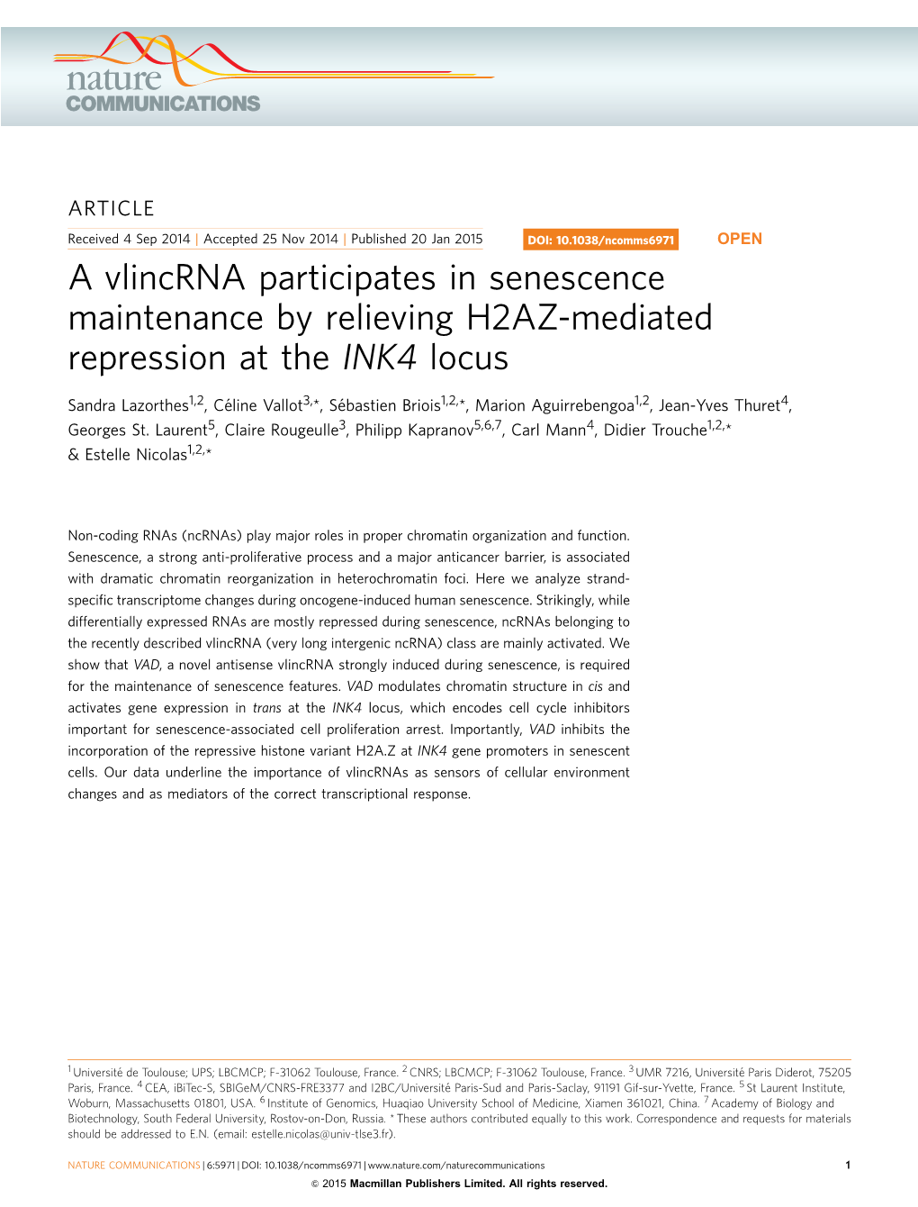 A Vlincrna Participates in Senescence Maintenance by Relieving H2AZ-Mediated Repression at the INK4 Locus